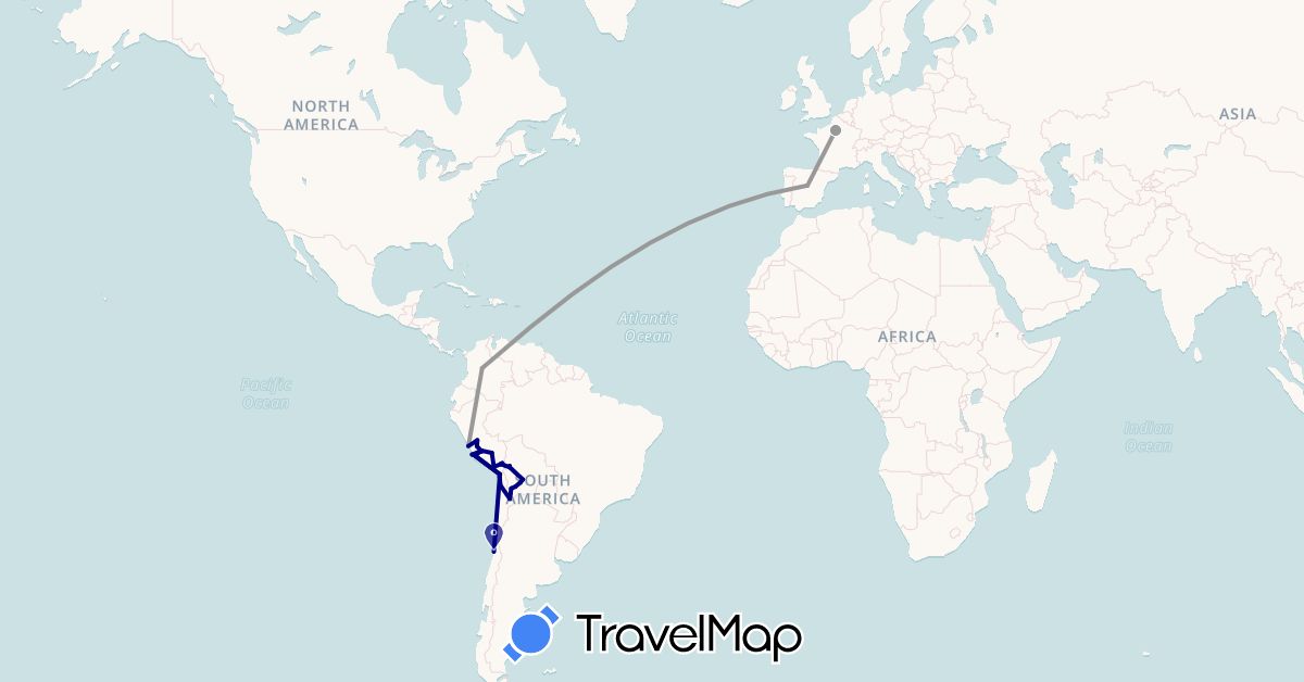 TravelMap itinerary: driving, plane in Bolivia, Chile, Colombia, Spain, France, Peru (Europe, South America)
